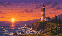 Coastal sunset lighthouse pixel art background